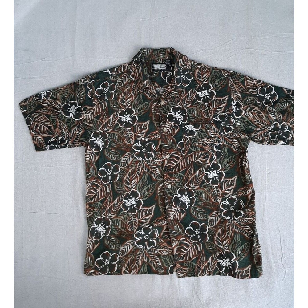 On the Brink‎ Hawaiian Shirt Mens L Green Brown Floral Linen Cotton Lightweight